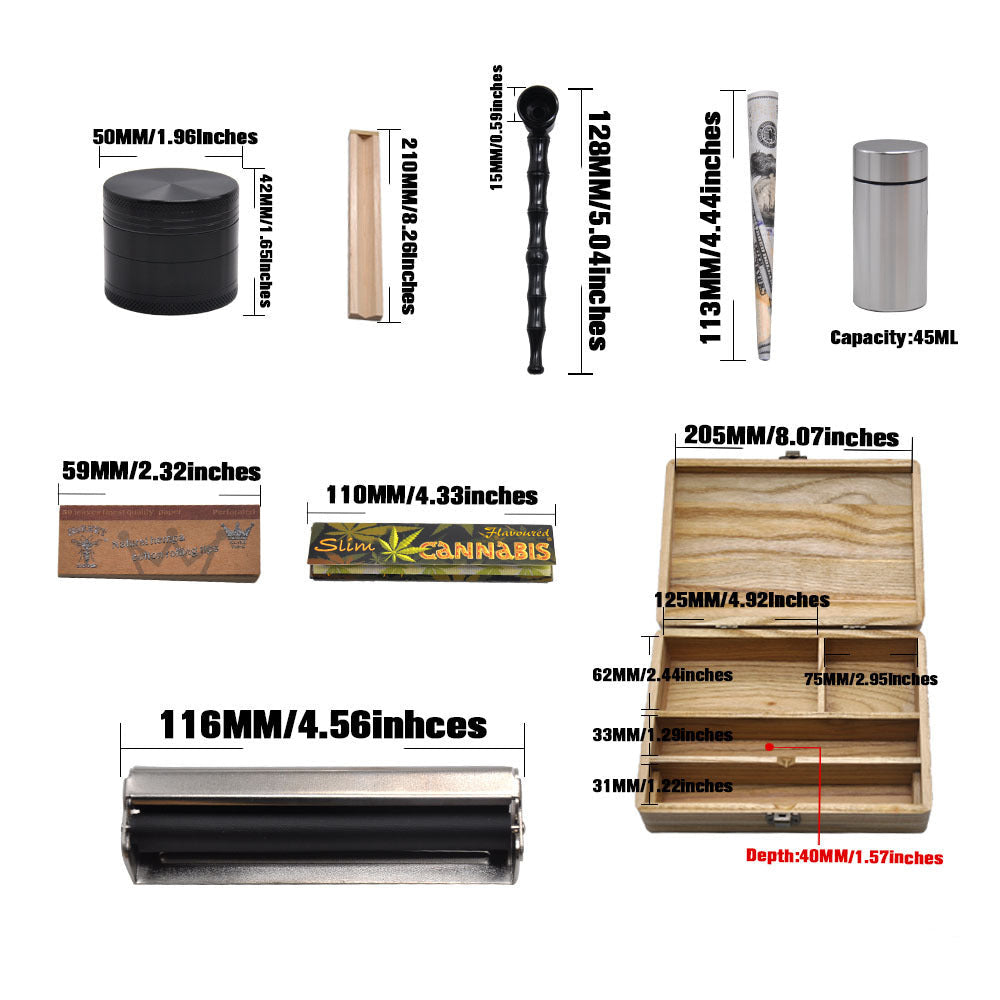 Collage of various smoking accessories with measurements and dimensions on a white background.